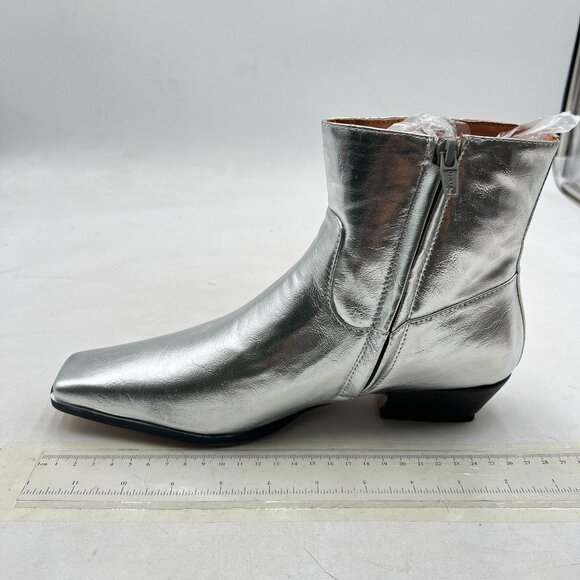 Silver Square Toe Ankle Booties Comfy Chunky Low Heel Side Zipper Short Boots - Picture 1 of 7